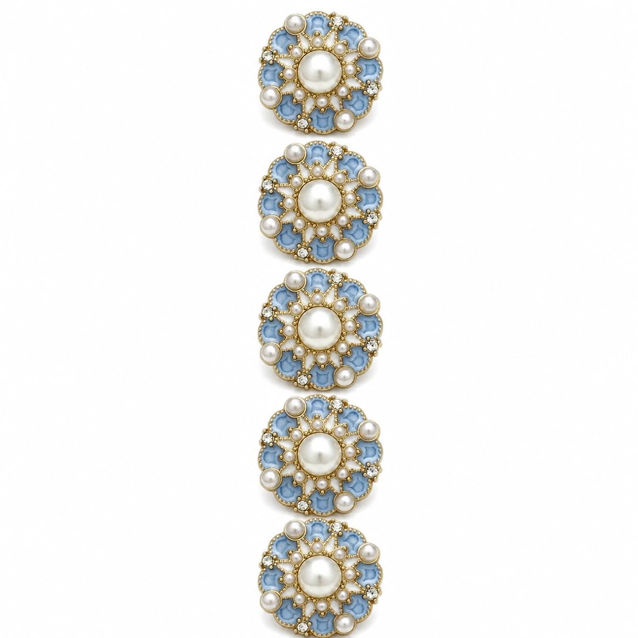 S.A.V.I Pearl Rhinestone Shank Buttons Gold Tone Blue Enamel 17.5mm | Set of 5, Floral Design, For Kurtis & Blouses, DIY Crafts, Sewing Fasteners