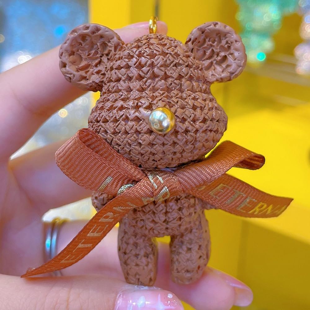 S.A.V.I Resin Teddy Bear Keychain with Braided Strap & Bell Charm | Brown, Gold-Tone, 7 cm Mini Pendant, Bow Detail, For Bags & Keys, For Women & Girls