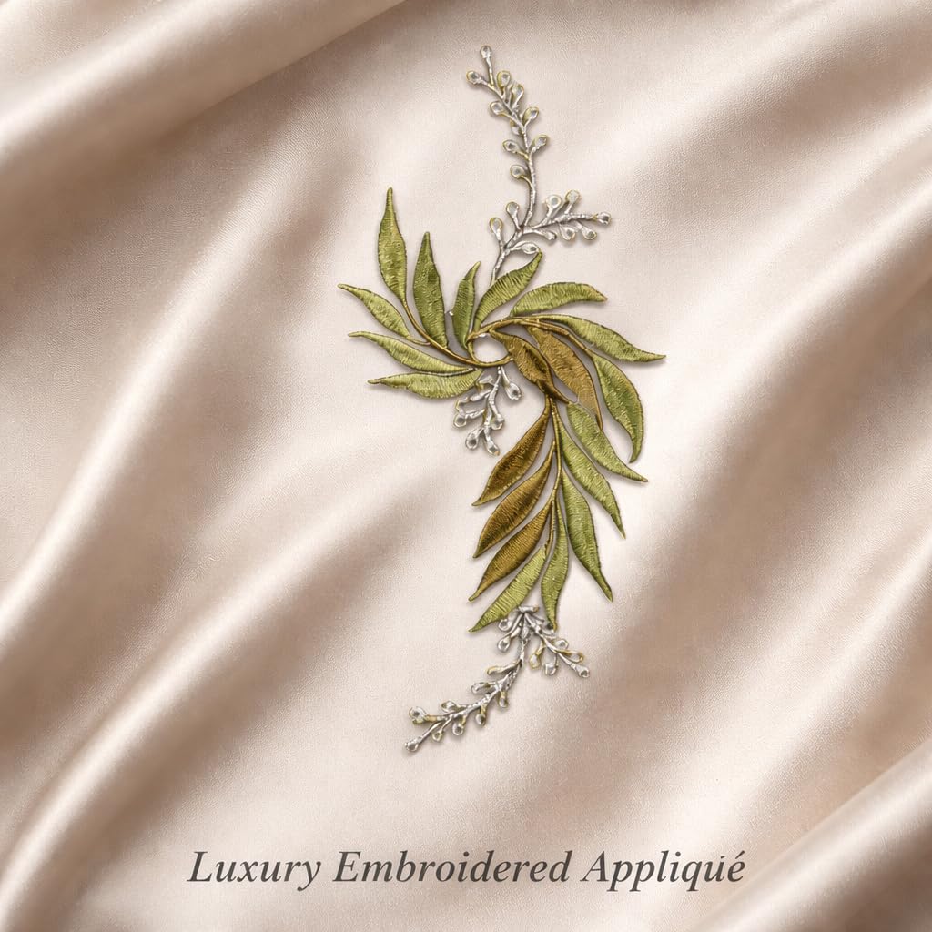 S.A.V.I Green & Silver Floral Iron-On Embroidered Appliqué Patch 7.5 x 17 cm | Leaf Motif Threadwork Design for Dresses, Sarees, Blouses & DIY Fabric Craft (Right, Green, 7.5 x 17 cm)