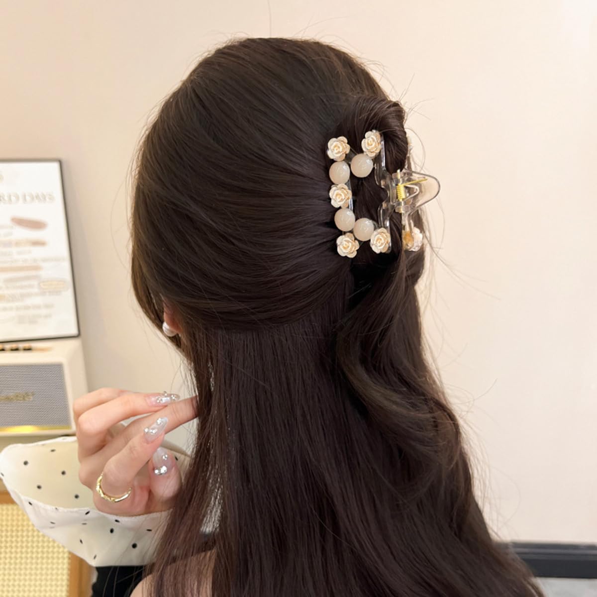 S.A.V.I Women’s Beige Floral Pearl Hair Claw Clip 7 cm | Acrylic Rose Design Clutcher | Elegant Small Star Shape Hair Accessory for Daily, Party Styling & Gifting