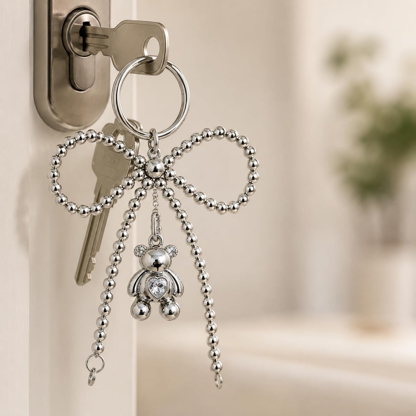 S.A.V.I Big Bow Teddy Bear Keychain for Women, Chrome Silver, Sparkling Heart Pendant, Beaded Metal Finish, Bag & Key Charm, 15 cm Length, Ideal for Girls