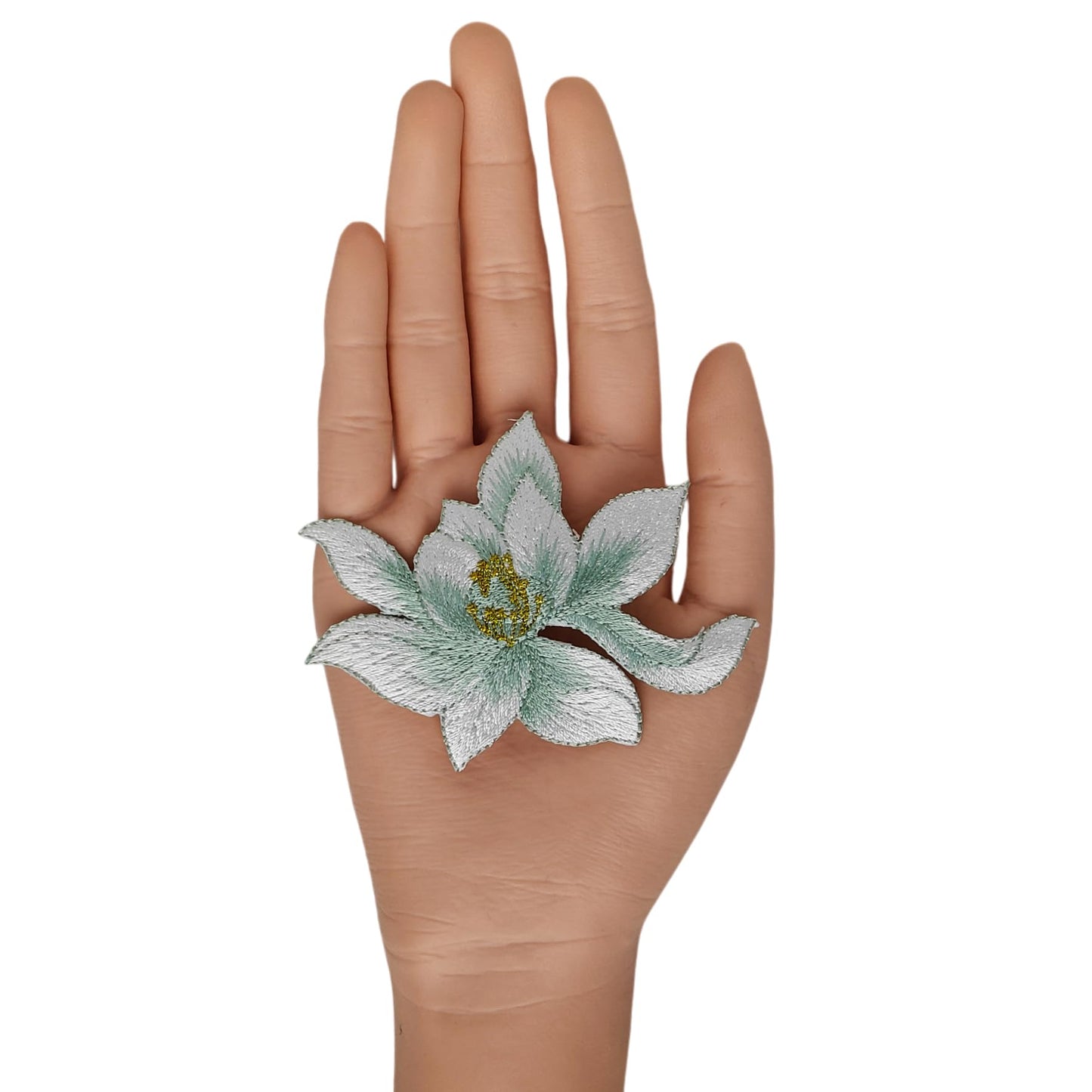 S.A.V.I Green Lotus Flower Iron-On Embroidered Appliqué Patch 8.7 x 6.9 cm | Premium Fabric Floral Motif for Dresses, Kurtis, Sarees, Blouses & DIY Garment Decoration (Green)