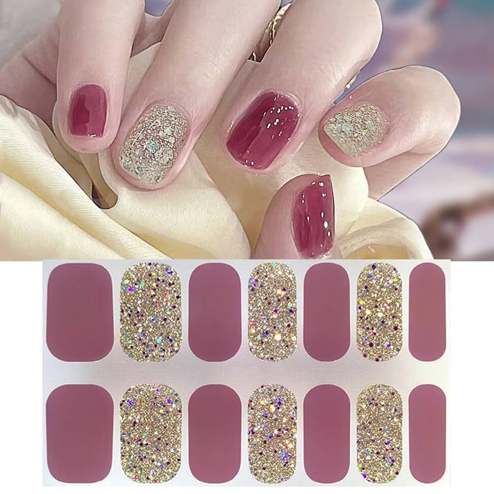 S.A.V.I Pink Golden Glitter Gel Nail Stickers - 14pc Easy Use, Self Adhesive Set