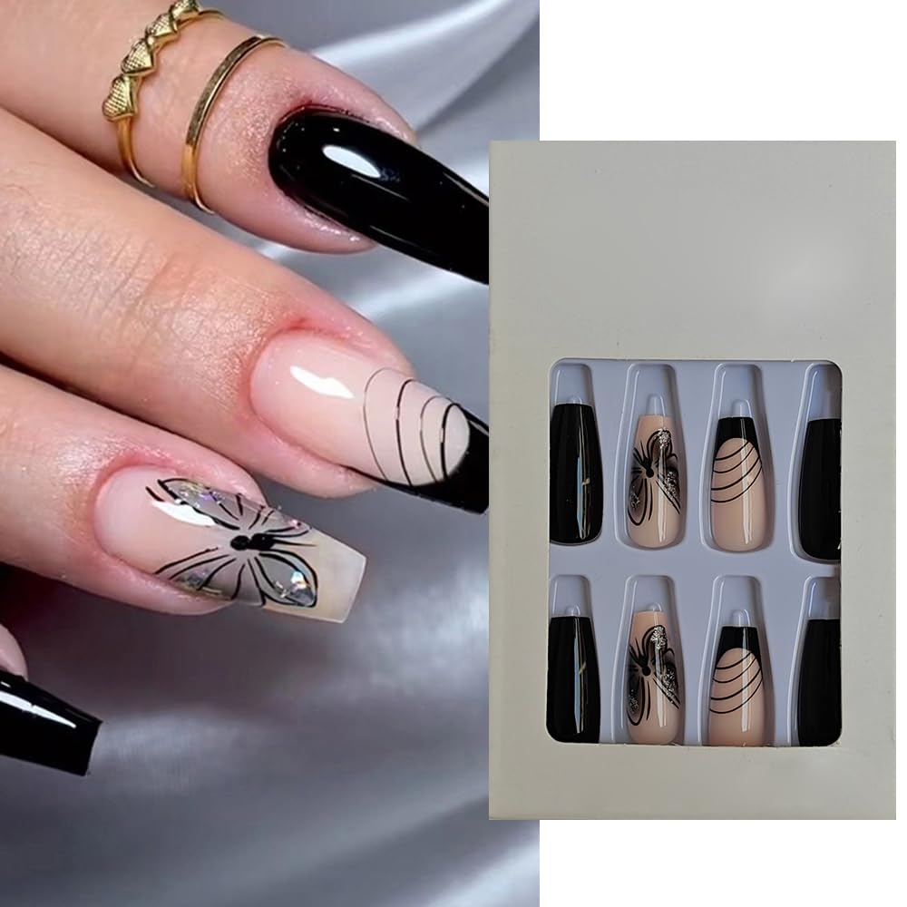 S.A.V.I 24 Pcs Long Coffin Press-On Nails - Black Nude Butterfly Design | Reusable Artificial Nails for Women Girls | Trendy, Stylish Nail Art for Quick Manicure | Durable