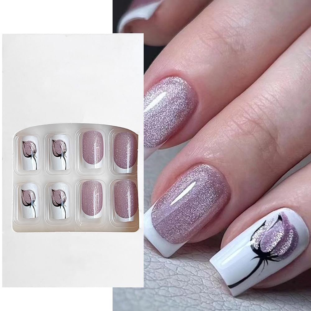 S.A.V.I 24 Pcs Medium Square Press-On Nails - Elegant Purple White Cat's Eye, Floral Design | Natural-Look DIY False Nails for Women | Long-Lasting, Comfortable Fit | Salon-Quality Nail Kit