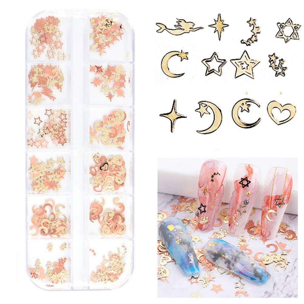 S.A.V.I 3D Nail Art Ultra-thin Gold Rose Gold Stars Moon Metal Sequin Decorations Palette DIY