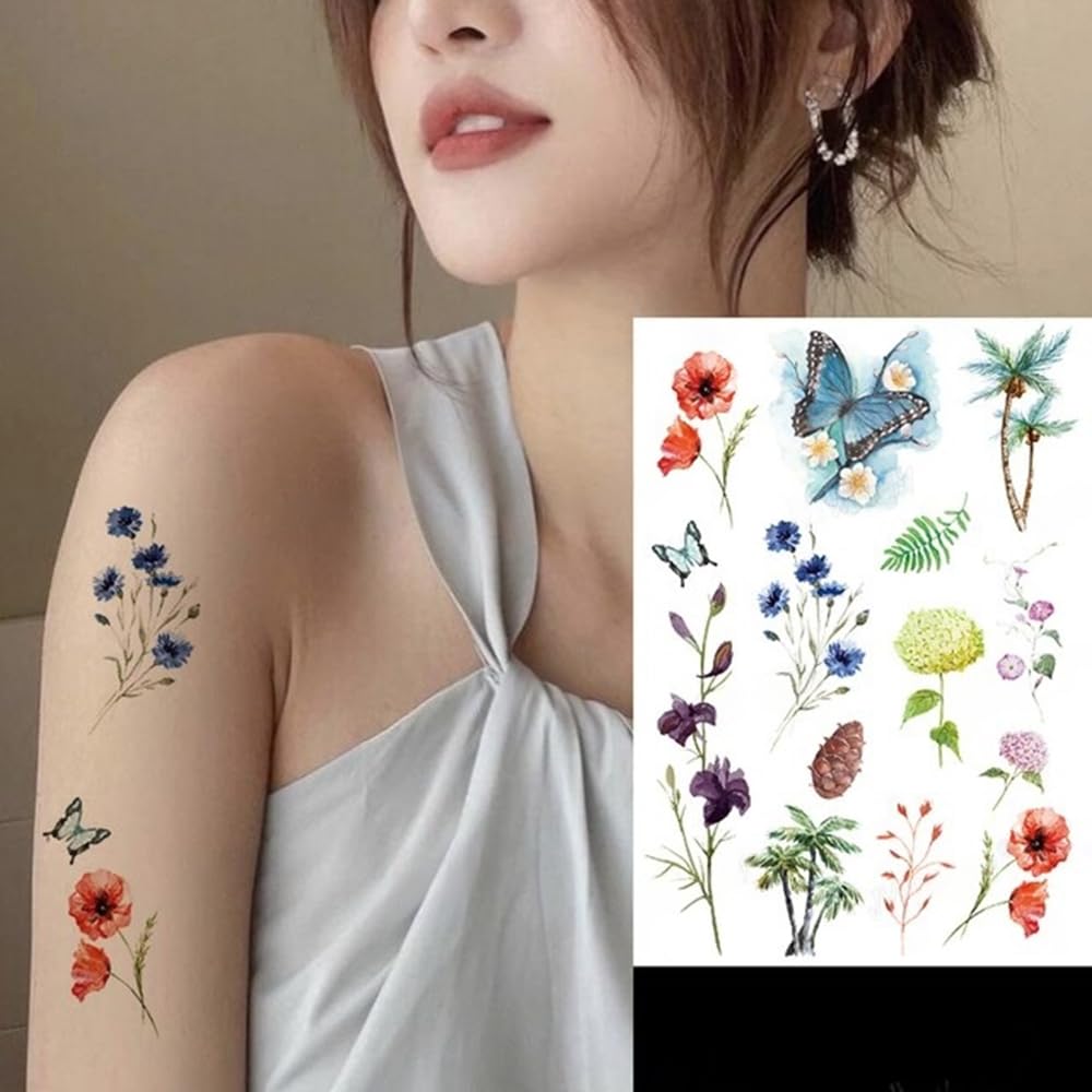 S.A.V.I Mix Temporary Tattoo - Colorful Butterfly, Flowers Palm Trees for Men Women - 21x15cm