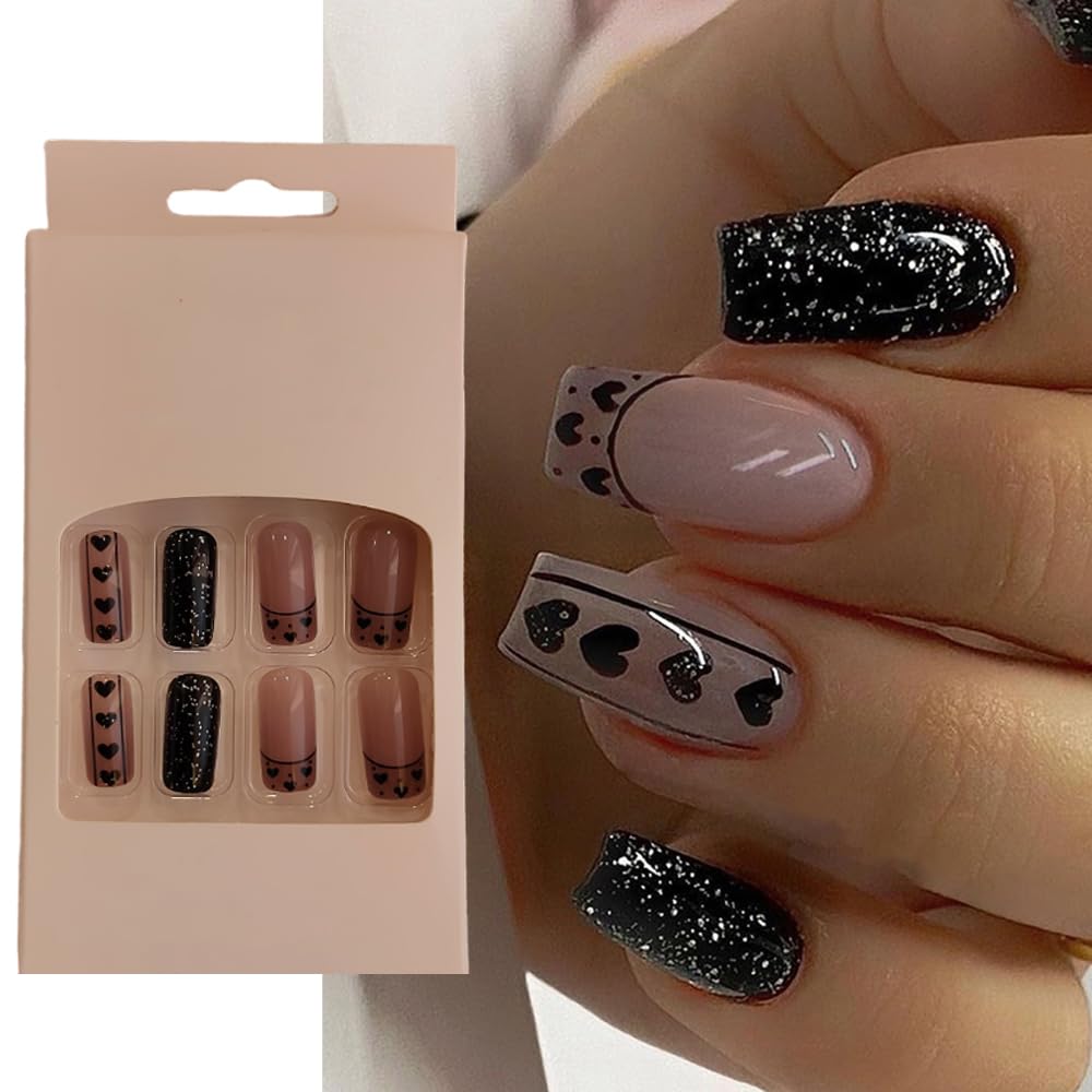 S.A.V.I 24Pc Black Heart Glitter Square Press-On Nails Kit - Adhesive Tabs Glue Included