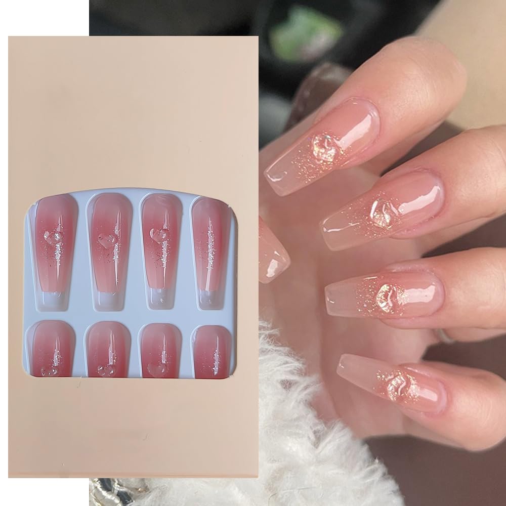 S.A.V.I 24 PCs Nude Long 3D Heart Press-On Nails - Elegant Manicure Fake Nails Set