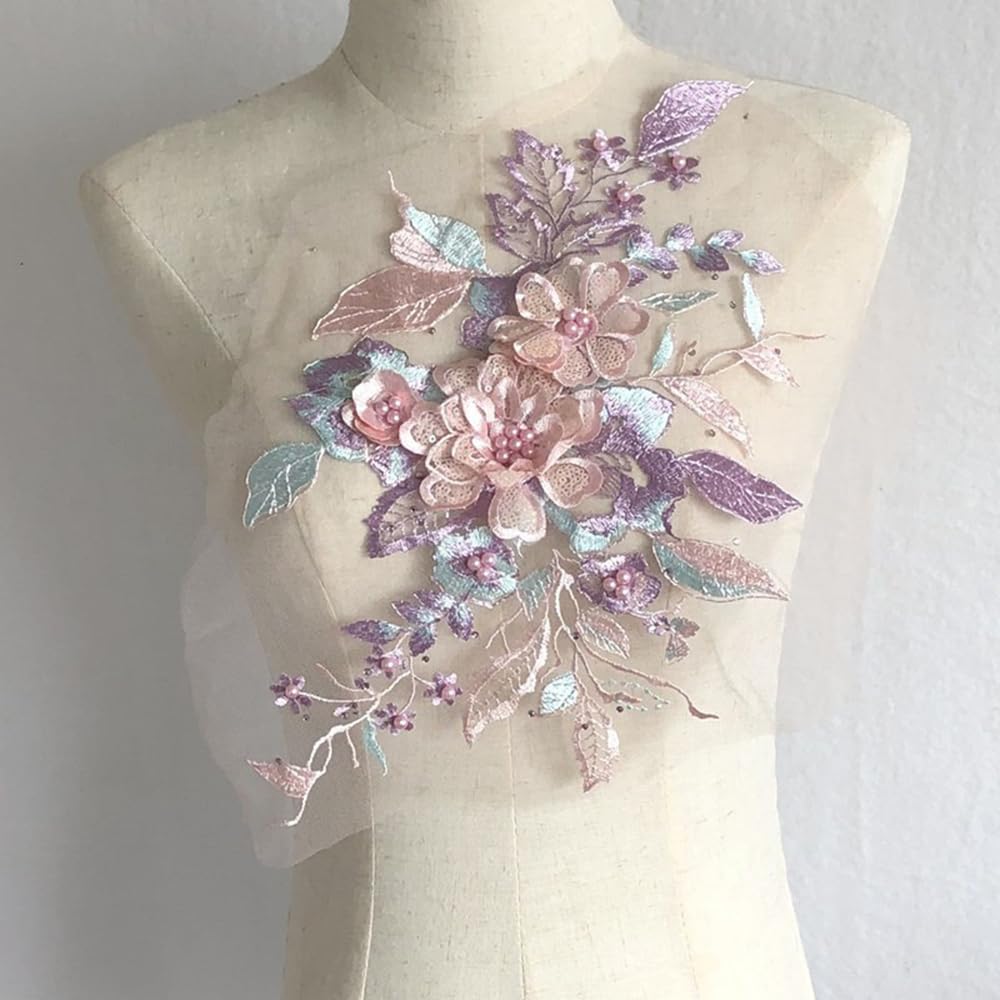 S.A.V.I 3D Floral Lace Applique Patch – Handcrafted Beaded Sequined Embroidery (14.5x9 in) for Bridal Wear, Sarees, Lehengas, Gowns, Blouses DIY Craft Sewing – 1PC Elegant Fabric Patch (Pink Purple)