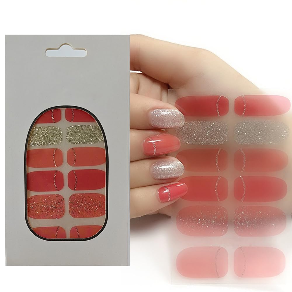 S.A.V.I 12PCS - Red Silver Glitter Gel Nail Stickers, Long-Lasting Shine, Easy Apply Full Nail Art Wrap, Salon Style Decoration