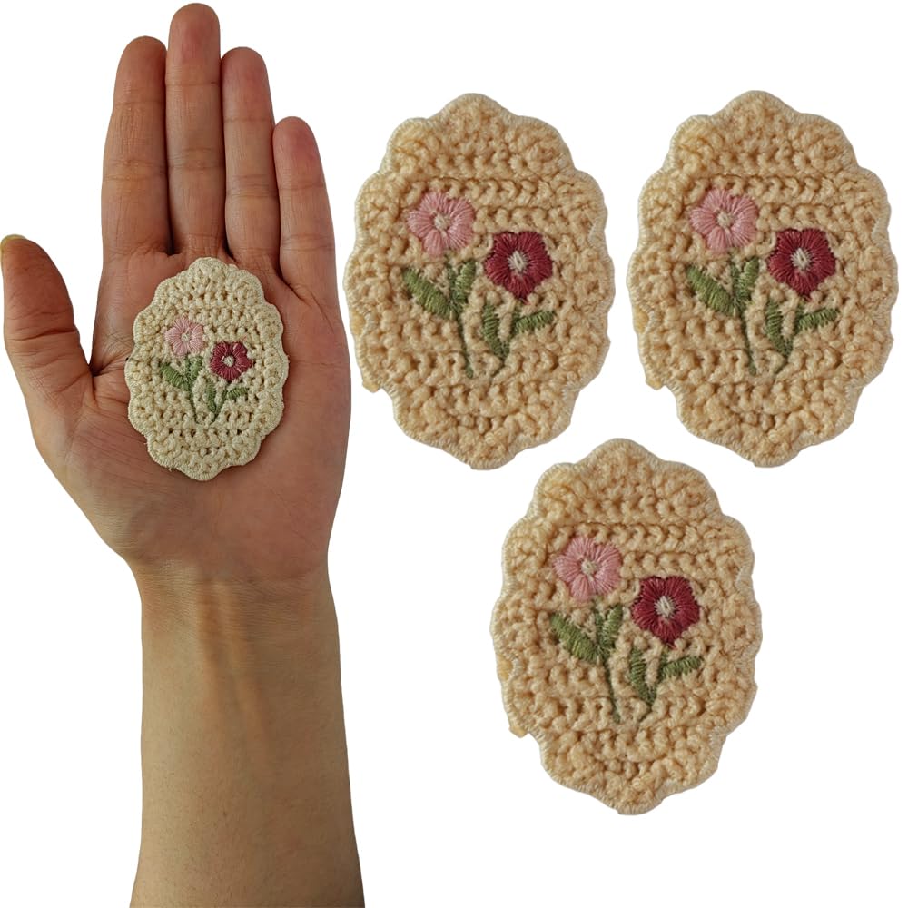 S.A.V.I 3PCS. Embroidered Appliqué Patch - Multicolor Flowers on Beige, Non-Adhesive, Sew-On for DIY Apparel Accessories, Hats, Bags, Crafts, Lightweight 1.54g