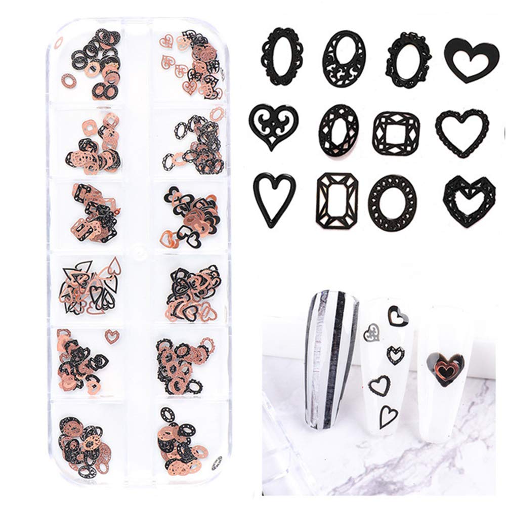 S.A.V.I 3D Nail Art Ultra-thin Black Rose Gold Heart Metal Sequin Decorations Palette