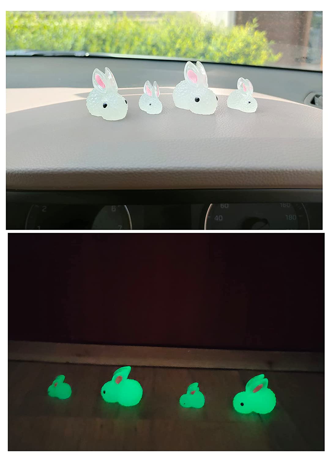 SAVIAURA 4pcs Car Interior Decoration Set - 2 Big 2 Small Luminous Rabbit Bunny Car Ornaments, Creative Resin Material for Dashboard, Steering Rear View Mirror, Cute and Fun Car Accessories