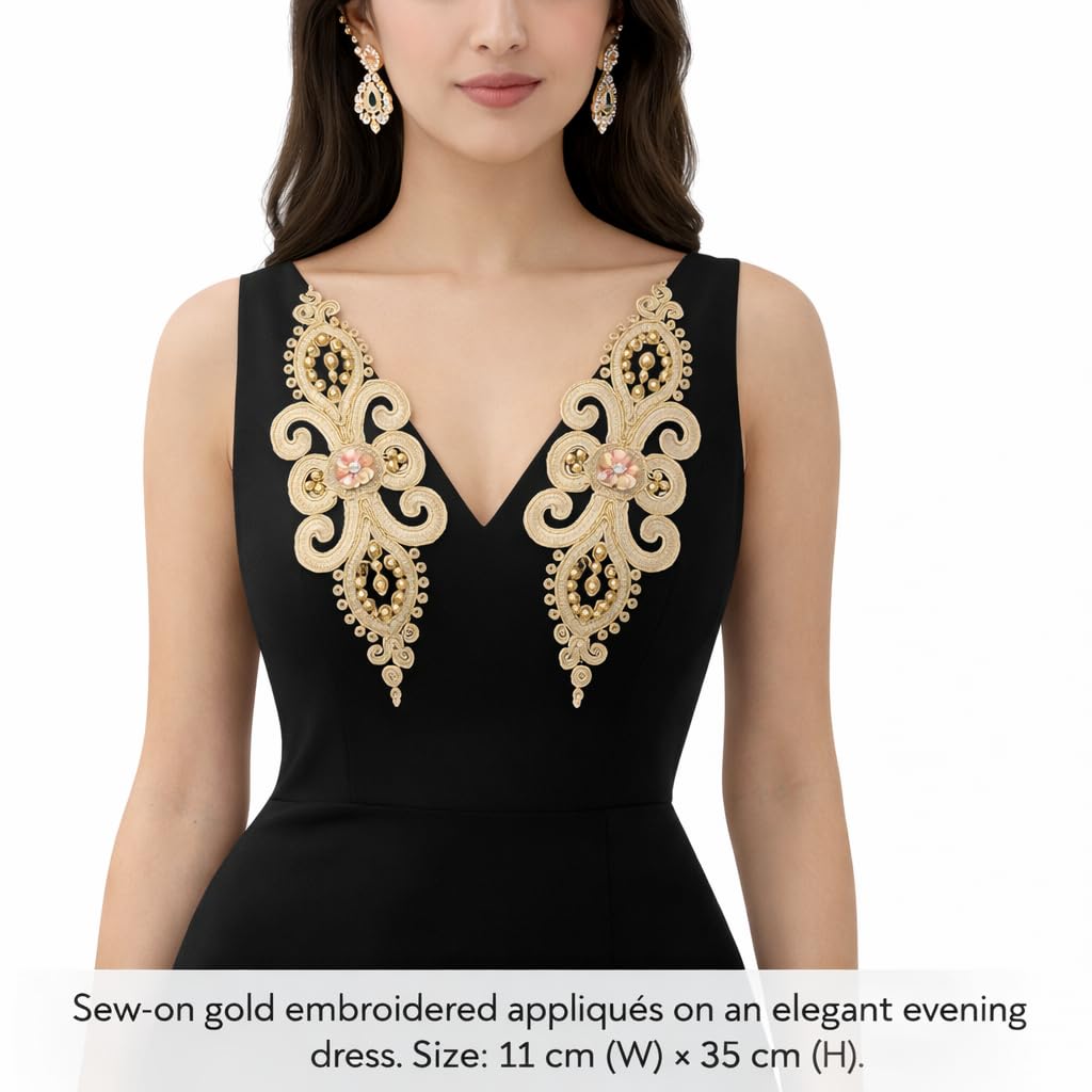 S.A.V.I Pair of Gold Embroidered Sew-On Applique 11 x 35 cm, Floral Paisley Design with Beads & Sequins, Fabric Patch for Blouse, Kurti, Gown & Saree Neckline (Golden)