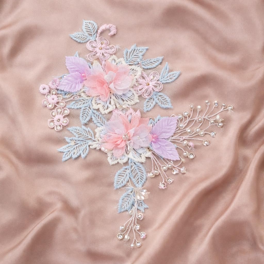 S.A.V.I Pastel Floral Embroidered Sew-On Appliqué Patch 20 x 29 cm, 3D Organza Flowers with Beads & Pearl Work, Leaf Design for Blouse, Gown, Saree, Kurti & DIY Craft (Right)