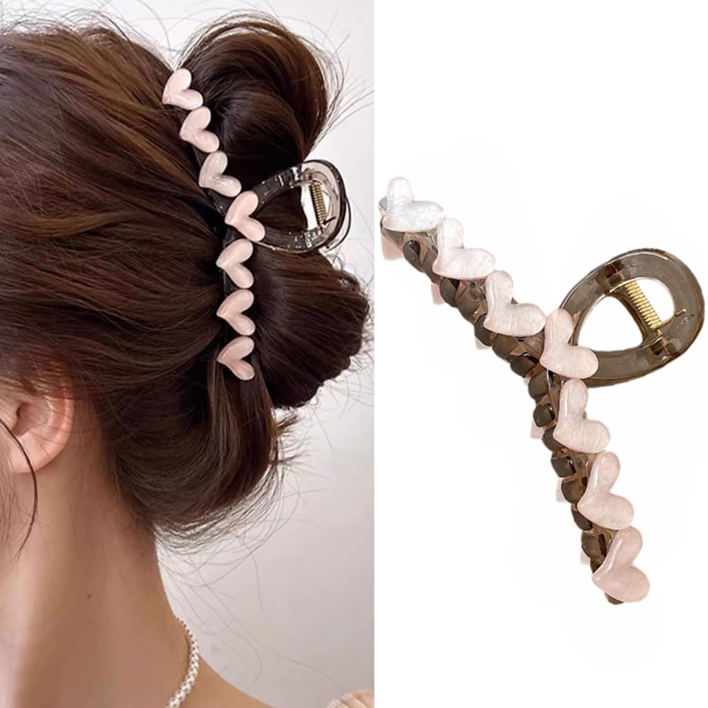 S.A.V.I Trendy Pink Heart Hair Clutch Clip for Women Girls | Strong Grip Large Claw Clip for Thick, Long Hair | Stylish Hair Accessory for Daily Parties | Elegant Durable Hair Claw (14cm)