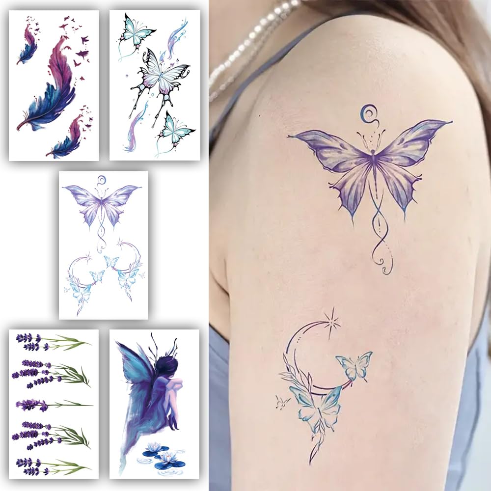 S.A.V.I Temporary Tattoos for Women Girls | 5 Sheets | Watercolor Butterfly, Feather, Lavender Fairy Designs | 10.5x6cm | Long-Lasting, Waterproof | Easy to Apply for Party, Festival Daily Wear