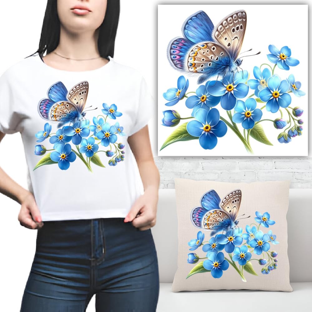 S.A.V.I Washable Blue Butterfly Floral Iron-On Heat Transfer Sticker – 1PC DIY Applique Patch for T-Shirts, Hoodies, Pillows, Backpacks More – Easy Iron-On for Stylish Indian Fashion