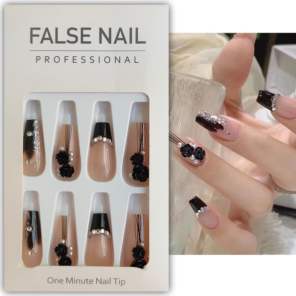S.A.V.I 24 PCS - 3D Rose Flower Coffin Nails Nude Medium, Reusable, Press-On with Glue Tape
