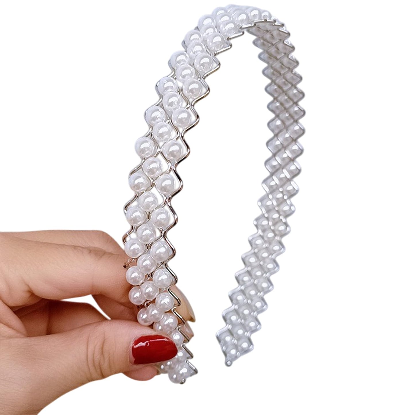 S.A.V.I Pearl White Zigzag Hair Band for Women & Girls | Double Row Faux Pearl Beaded Metal Headband | Korean Style Bridal Party Hair Accessory | Lightweight Comfortable Fit