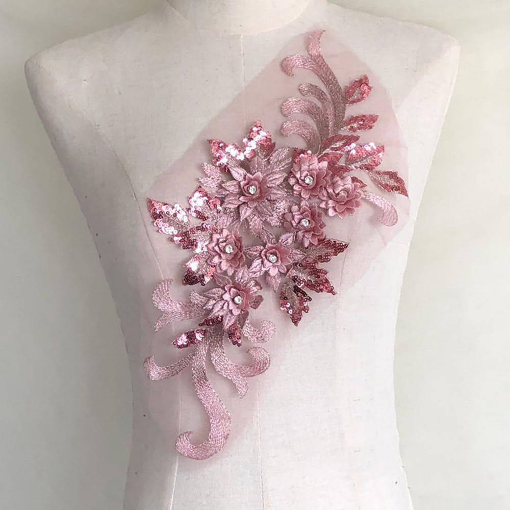S.A.V.I 3D Floral Applique Patch – Dusty Rose Pink | Embroidered Lace Mesh with Beads Sequins | 15.3x7.5 in for Bridal, Lehenga, Saree, Blouse, Gown, Dress, DIY Craft Sewing Accessories