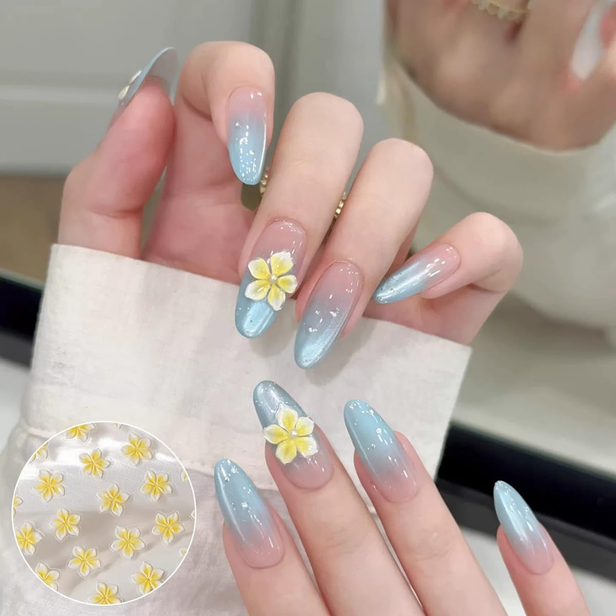 S.A.V.I 2 Sheets - 3D Floral Nail Art Stickers Yellow & Pink Blue Flower Design, Self Adhesive Resin Decals, Glossy Raised Decoration for Gel Acrylic Nails