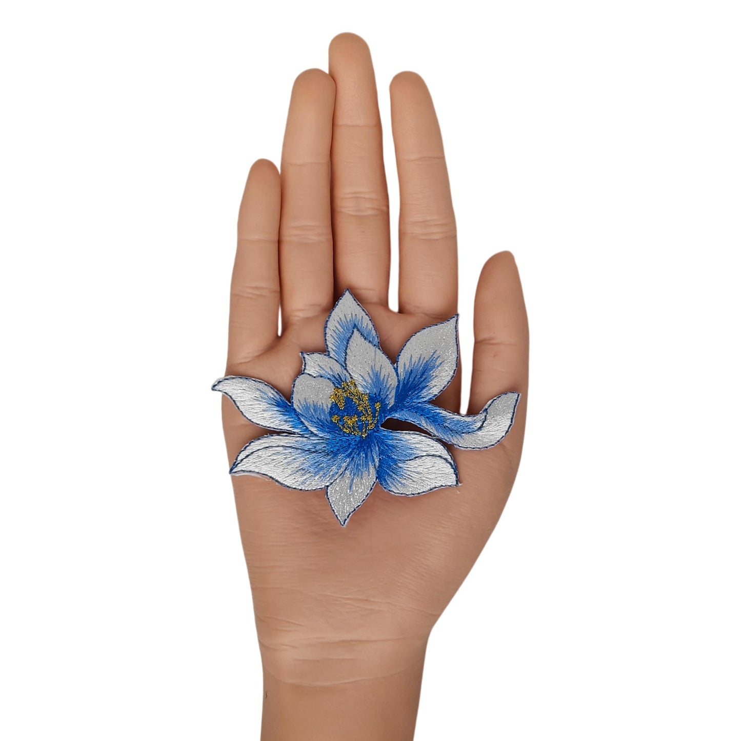 S.A.V.I Blue Lotus Flower Iron-On Embroidered Appliqué Patch 8.7 x 6.9 cm | Fabric Floral Motif for Dresses, Kurtis, Sarees, Blouses & DIY Garment Decoration (Blue)