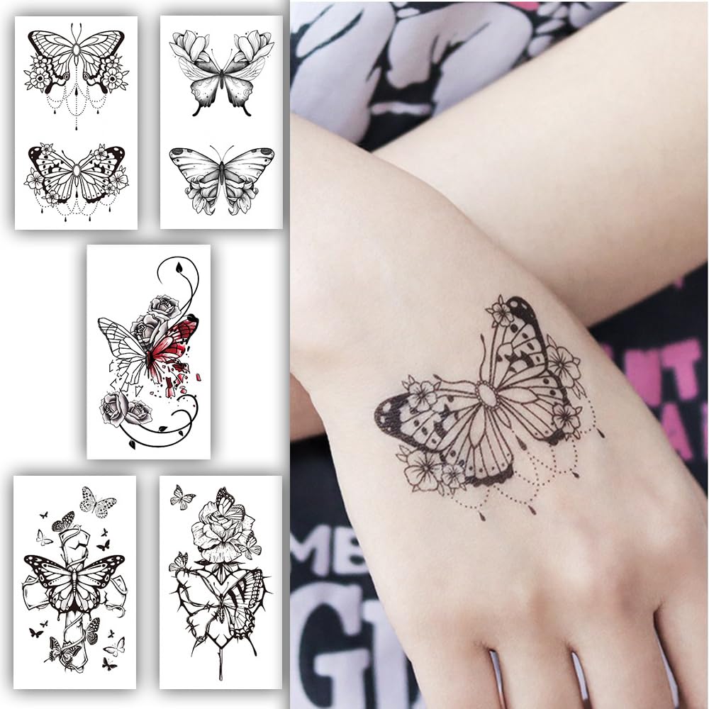 S.A.V.I 5PCS Butterfly Temporary Tattoos for Women - Waterproof, Artistic Lace Music Notes Design, 10.5x6cm
