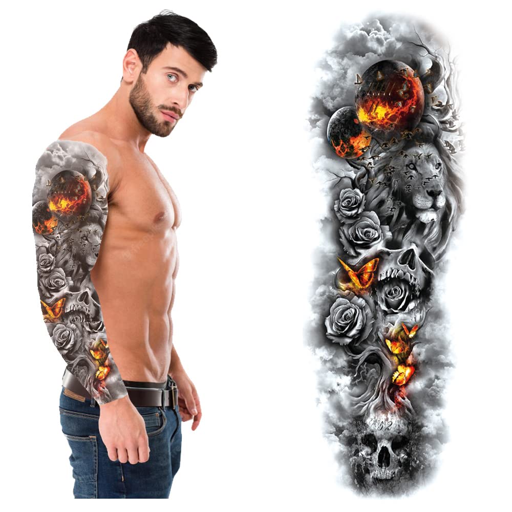 S.A.V.I Full Arm, Hand Temporary Tattoo For Men, Lion Roses Skull Burning Planet Design Size 48x17CM