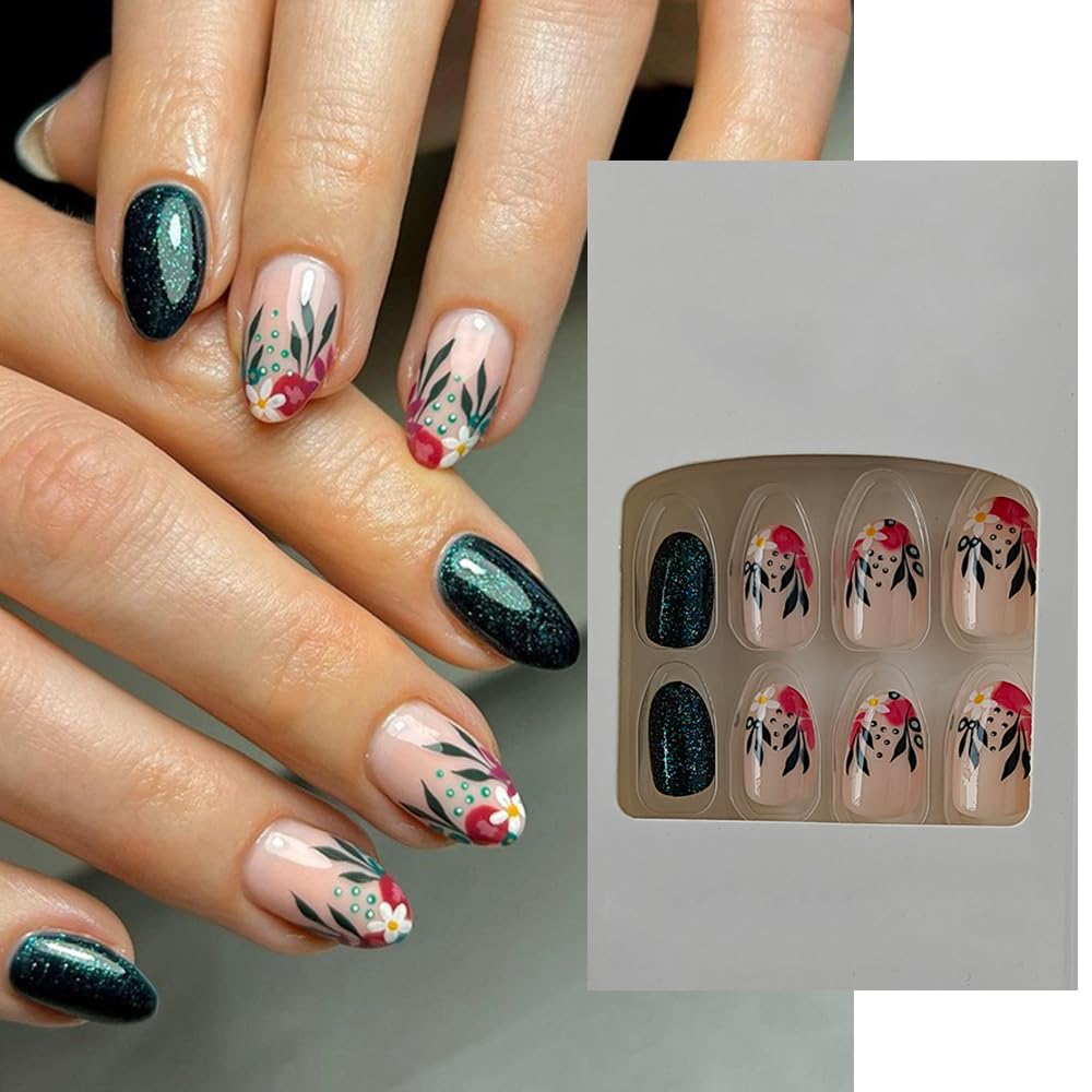 S.A.V.I 24 PCs Reusable Press-on Fake Nails - Medium Length, Round Shape, Green Flower Print with Glitter, DIY Manicure Set
