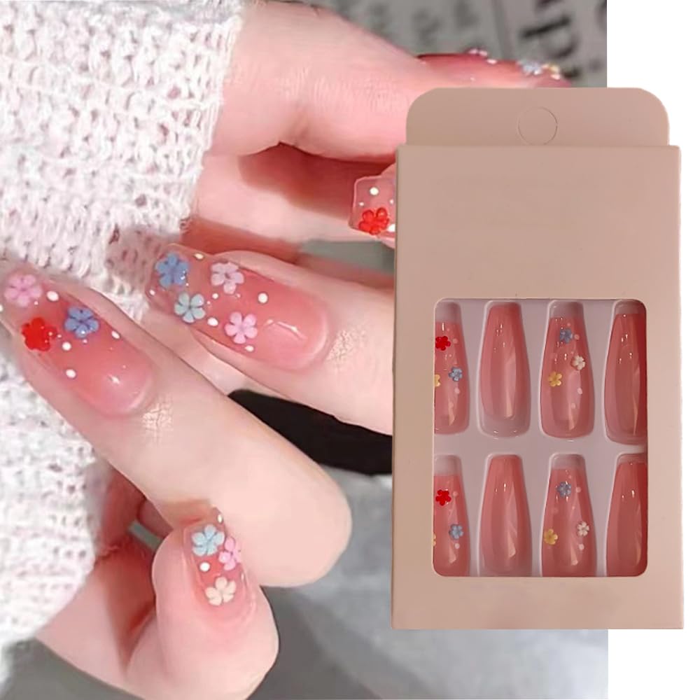 S.A.V.I 24Pcs Nude Coffin Fake Nails - 3D Flower Design Press-Ons with Glue Tabs