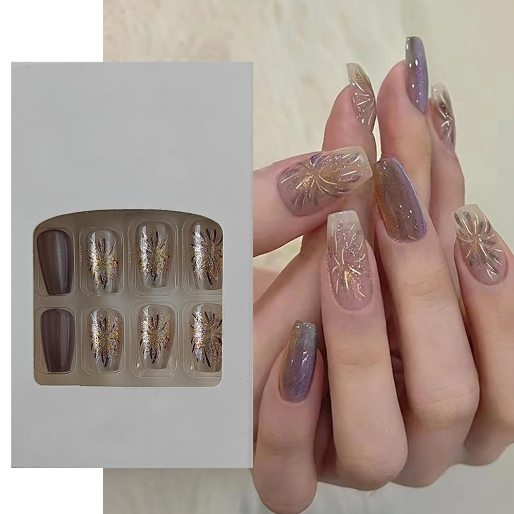 S.A.V.I 24 PCs Reusable Medium Coffin Shape Purple and Nude Fireworks Cat Eye Press-on Fake Nails | DIY Manicure | Long-Lasting, Easy to Apply Remove | Stylish Nail Art for All Occasions