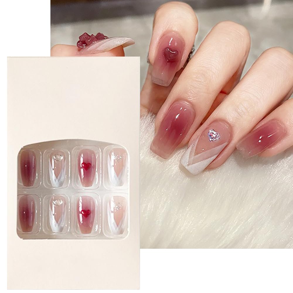 S.A.V.I 24Pc Rose Nude French Manicure 3D Heart Bowknot Press-On Nails Set