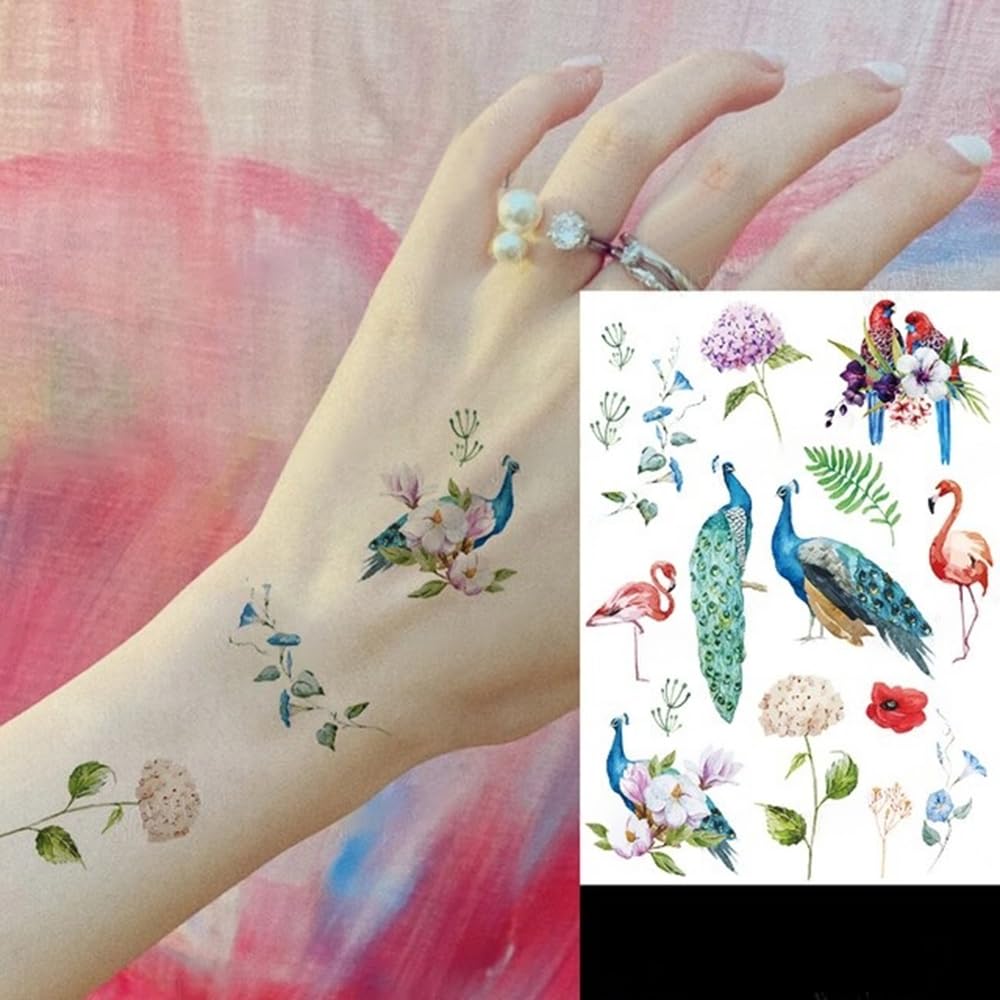 S.A.V.I Colorful Temporary Tattoo - Peacock, Flamingo Birds - 21x15cm for Men Women