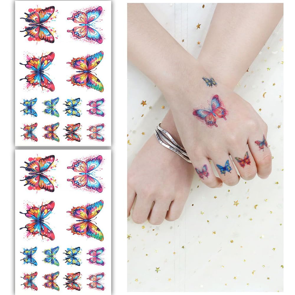 S.A.V.I 2 Sheets - Colorful Butterfly Temporary Tattoo Stickers, Waterproof, Long-Lasting, Vibrant Designs for Kids Adults, Easy Apply Remove, Perfect for Parties, Festivals Events (12cm x 7.5cm)