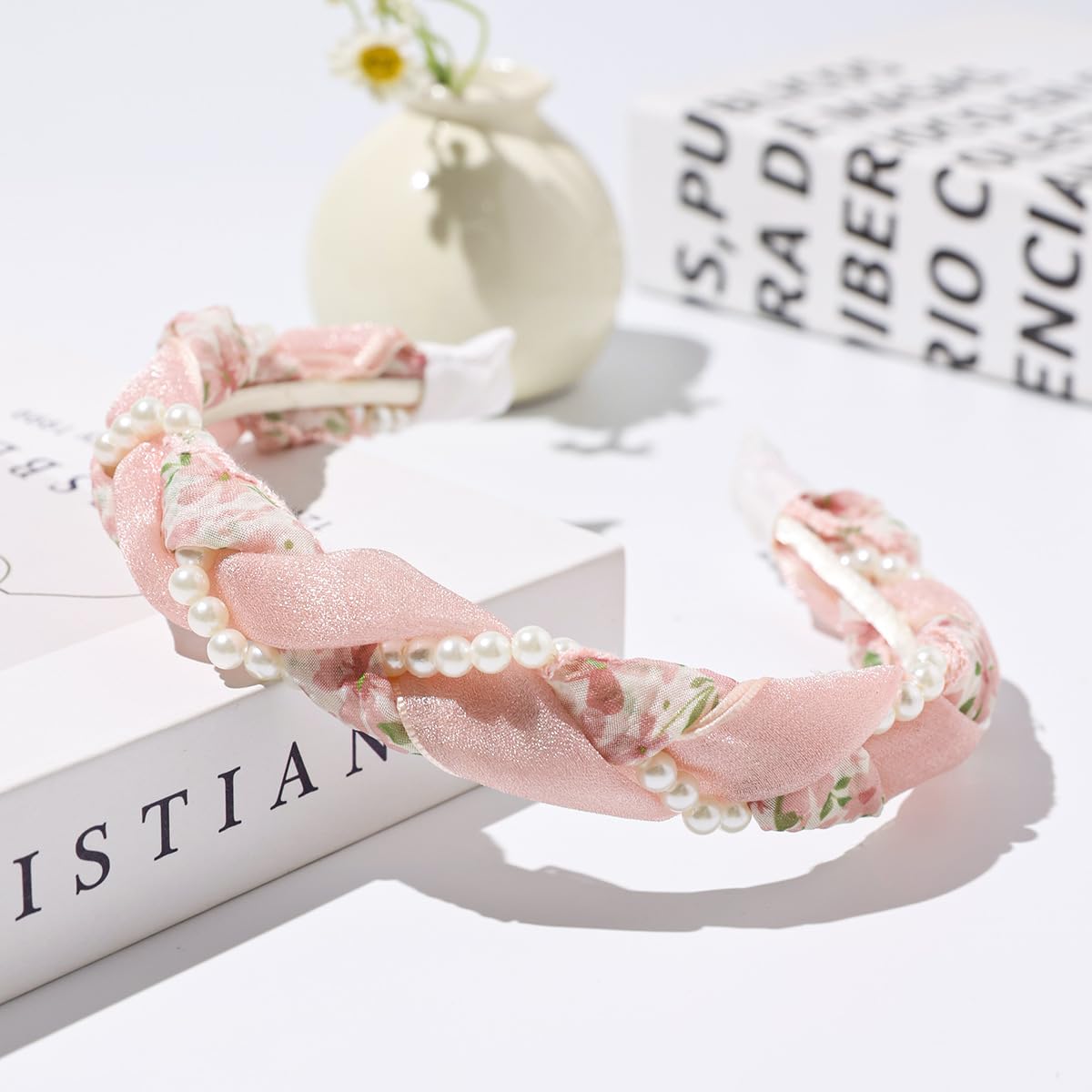S.A.V.I Peach Floral Braided Fabric Headband with Pearls for Women & Girls | Soft Satin Twist Wide Hairband | Stylish Accessory for Parties, Festive & Daily