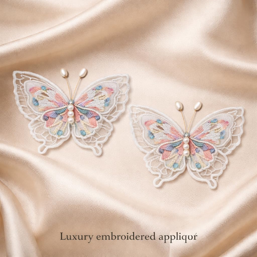 S.A.V.I White & Orange Butterfly Embroidered Sew-On Appliqué Patch Pair 6.5 x 6 cm | Pearl Beaded Lace Fabric Motifs for Dresses, Blouses, Sarees & DIY Craft Decor (Orange)