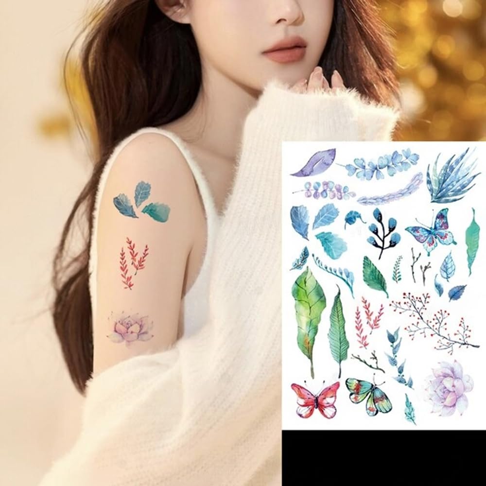 S.A.V.I Colorful Temporary Tattoo - Butterflies, Leaves Flowers for Men Women, 21x15cm