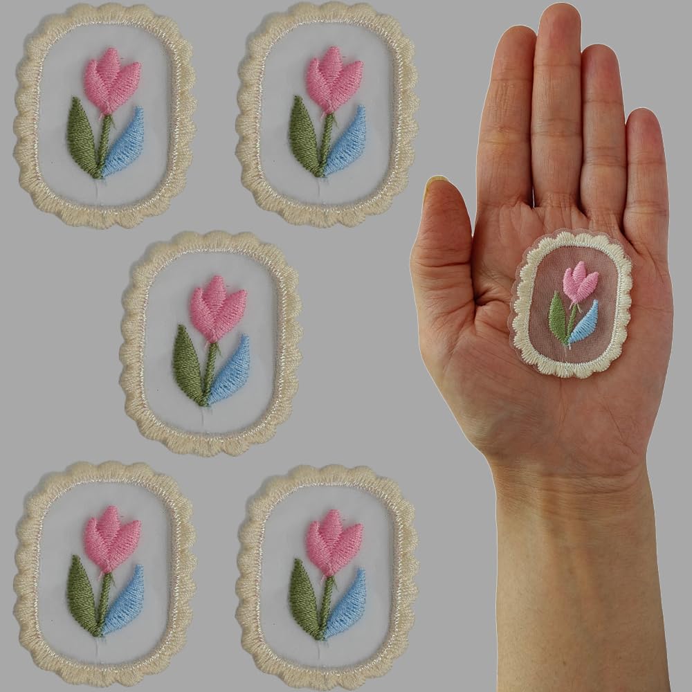 S.A.V.I Pink Heart Flower Oval Embroidered Appliqué Patches - Set of 5 DIY, Non-Adhesive for All Fabrics - Dresses, Blouses, Scarves, Hats, Bags, Jackets, Vests, Skirts, T-Shirts, Sweaters, Tank Tops