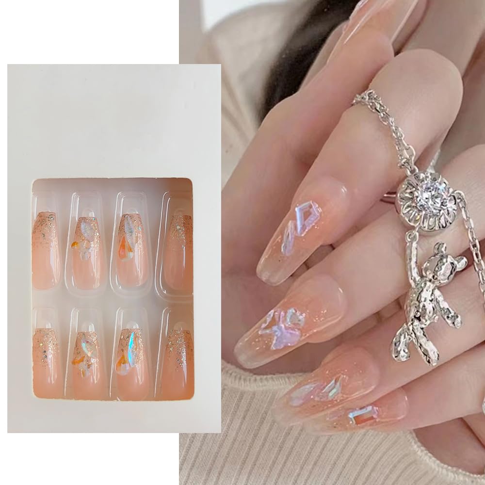 S.A.V.I 24 PCs Crystal Nude Press-On Nails - Big, Elegant Fake Manicure Nails Set