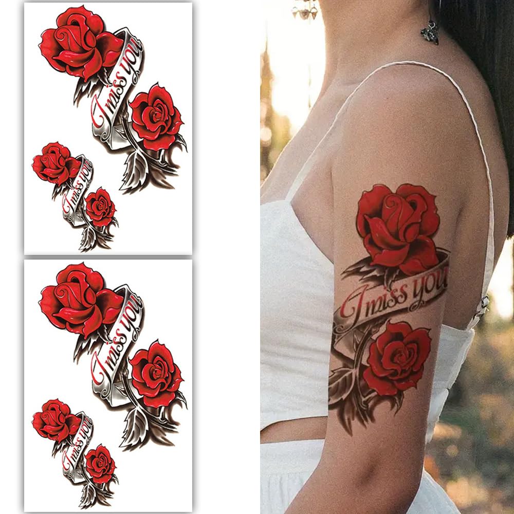 S.A.V.I 2 Sheets Red Rose 'I Miss You' Temporary Tattoo for Women, 19x12 cm, Waterproof, Long-Lasting, Easy to Apply Remove, Perfect for Arm, Shoulder, Back - Body Art Stickers