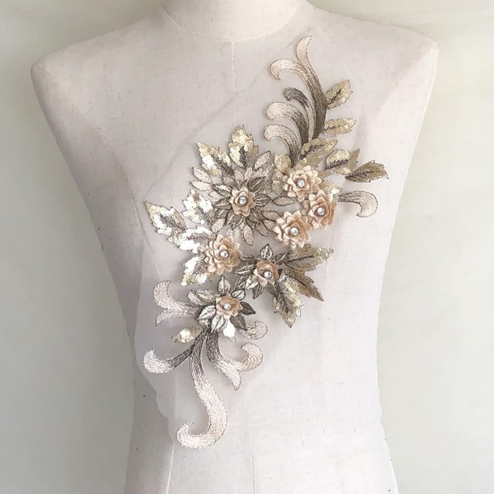 S.A.V.I 1PC Champagne Gold 3D Floral Applique Patch | Embroidered Lace Mesh Fabric with Beads Sequins | 15.3x7.5 in for Bridal Lehenga, Saree, Blouse, Gown, Dress DIY Craft Sewing Accessories