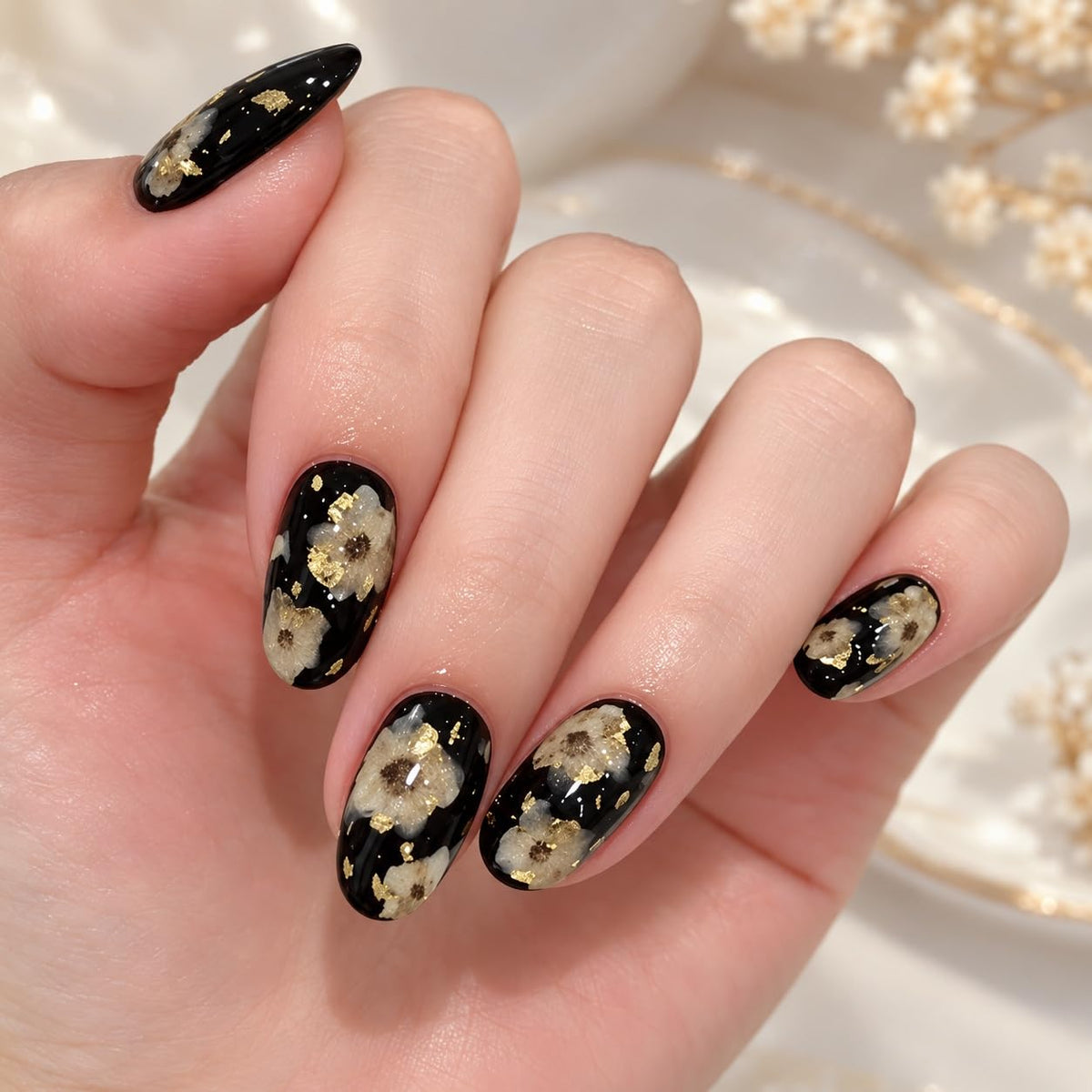 S.A.V.I 3D Floral Nail Art Stickers Self Adhesive Decals, 2 Sheets | White & Coffee Blossoms, Metallic Gold Detailing, Pearl Accents, DIY Manicure, 7 x 9 cm
