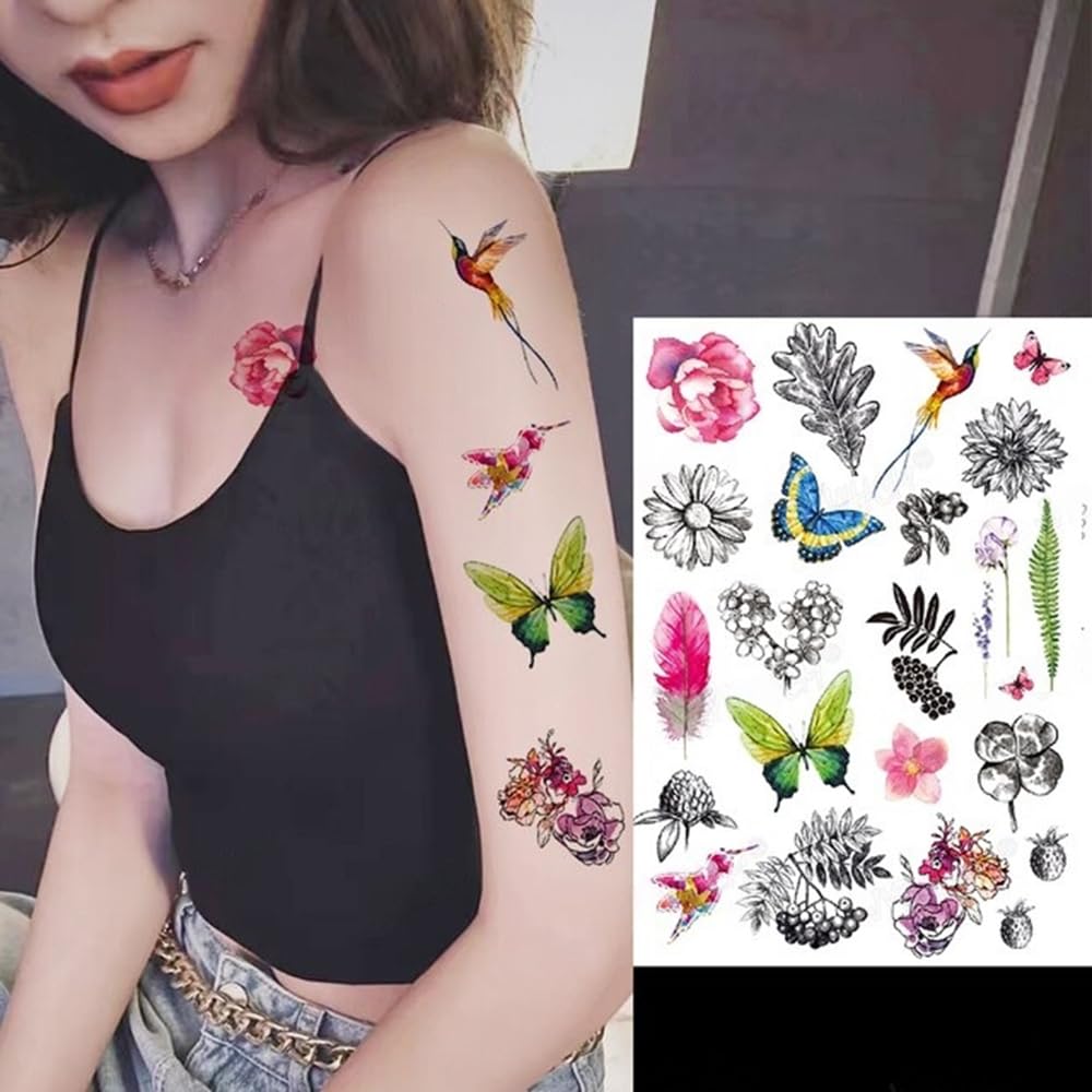 S.A.V.I Mix Butterfly Birds Temporary Tattoo - Colorful, 21x15cm - For Men Women