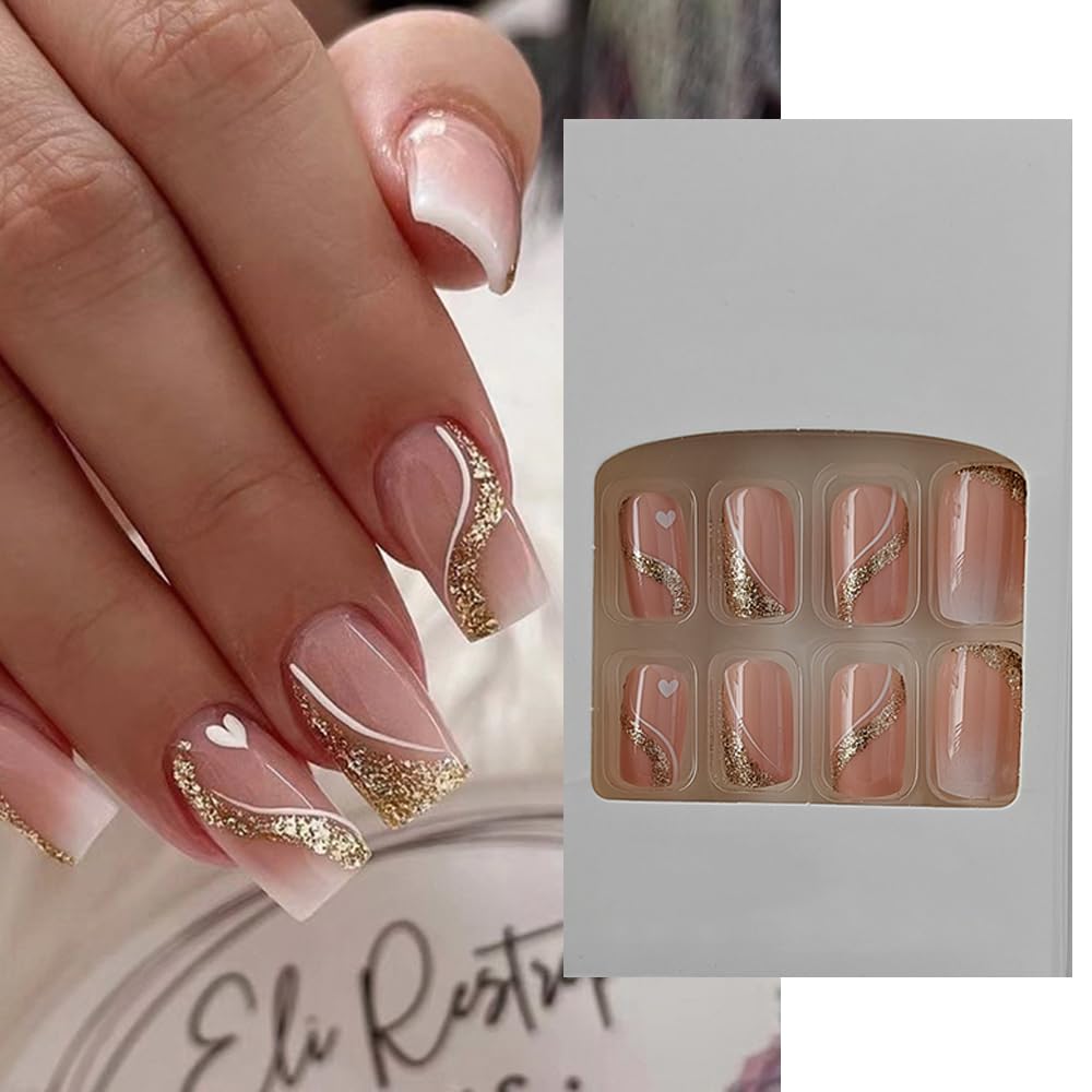 S.A.V.I 24 PCs Reusable Gradient Nude Gold Glitter Heart Print Press-on Fake Nails - Long Square Shape, DIY Manicure, No Liquid Glue Included