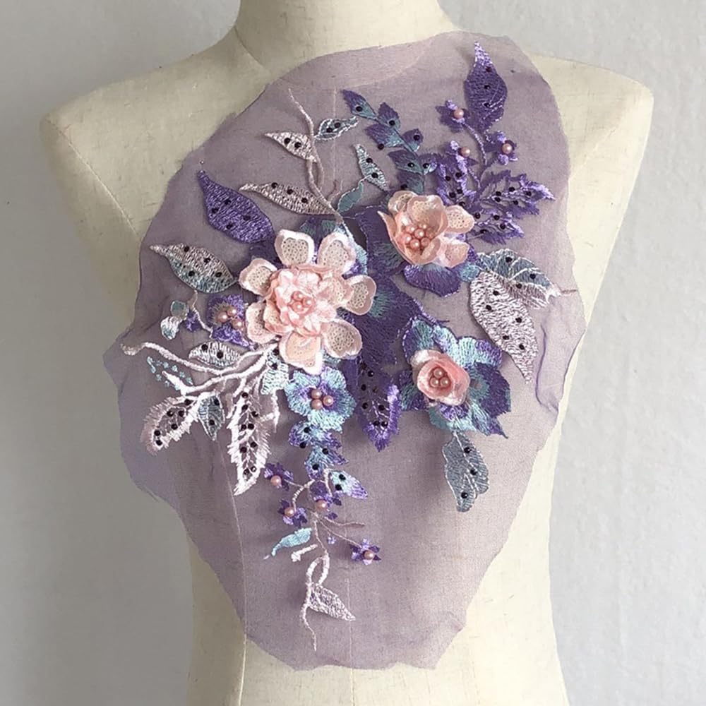 S.A.V.I 3D Floral Lace Applique Patch – Handcrafted Beaded Sequined Embroidery (14.5x9 in) for Bridal Wear, Sarees, Lehengas, Gowns, Blouses DIY Craft Sewing – 1PC Elegant Fabric Patch (Purple)