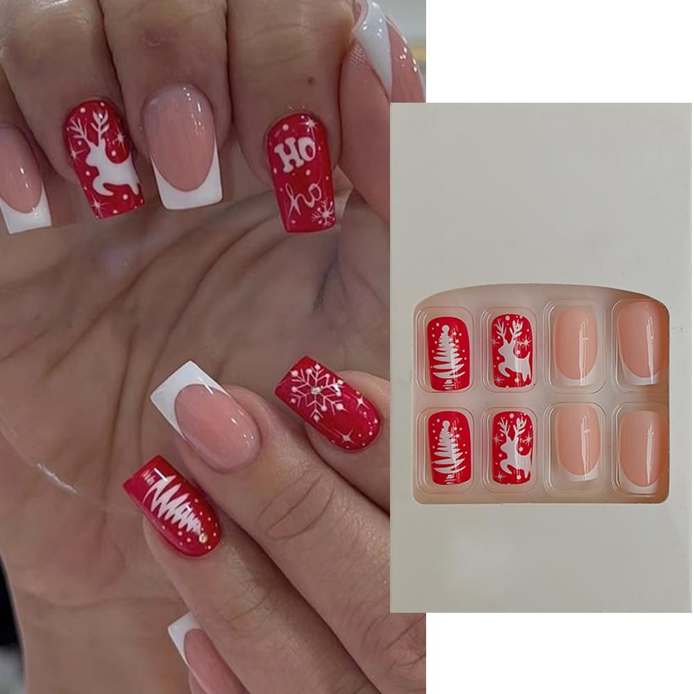 S.A.V.I 24 PCs Long Square Christmas Nail Art – Red White Santa Festive Tree Design | DIY French Manicure Fake Nails | Natural-Look Extensions for Christmas New Year Party Glam