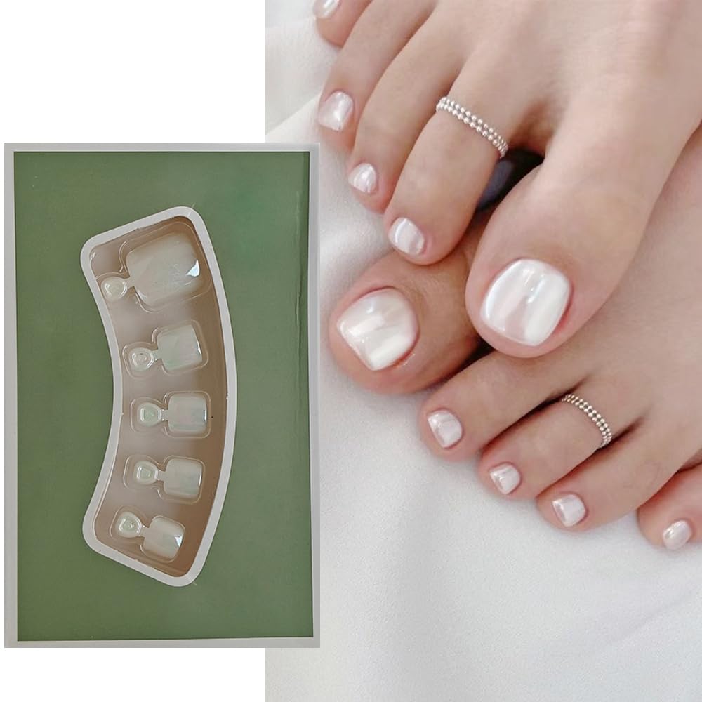 S.A.V.I 24 PCS Short Natural Shape Pearl White False Toe Nails | DIY Pedicure Press-On Nails | Comfortable, Durable Easy to Apply | Elegant Natural Look for Casual Special Occasions | Reusable False Nails