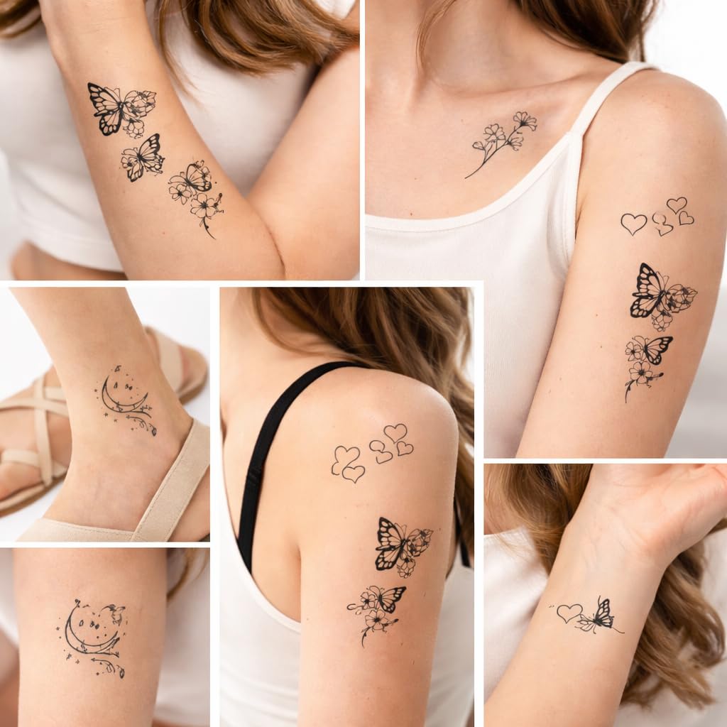 S.A.V.I 30 Sheets Black Floral & Butterfly Temporary Tattoos for Women & Girls (5.7x9.7 cm) – Small Heart, Moon & Flower Designs – Waterproof Safe Non-Toxic Body Art for Hand Arm Shoulder (#318)